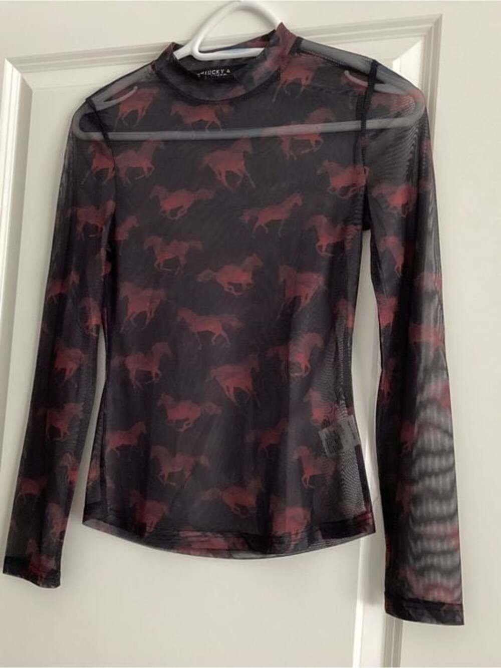Lucky & Blessed Black Sheer Long Sleeve Top with Burgundy Horse Print